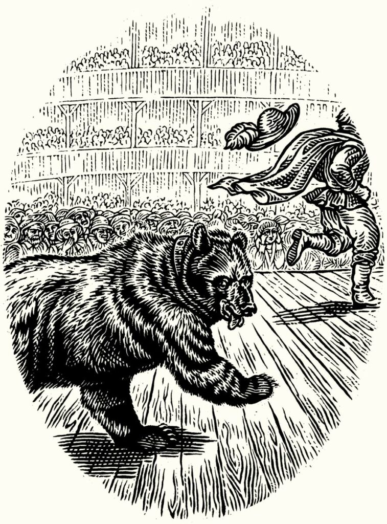 Illustration of Shakespearean actor being pursued by bear